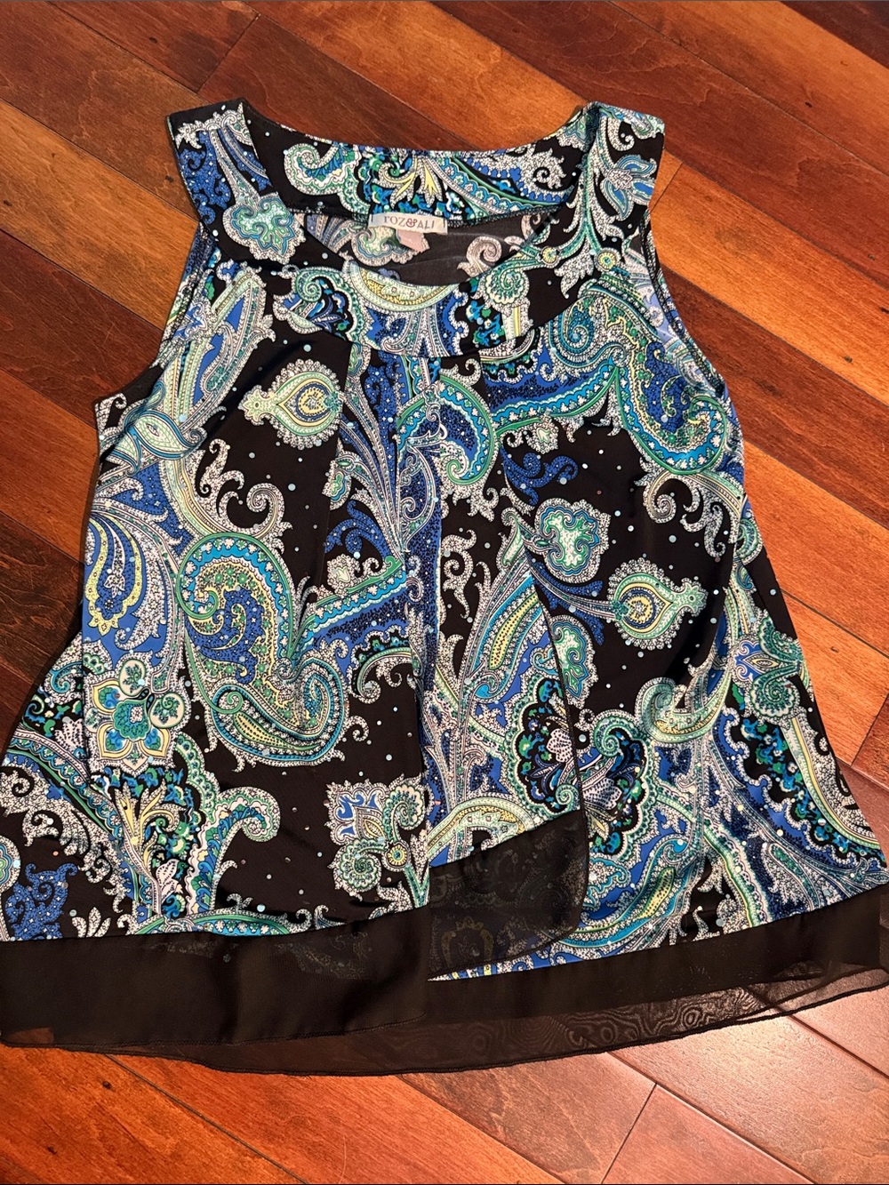 Paisley Print Sleeveless Blouse in Black, Blue & Teal